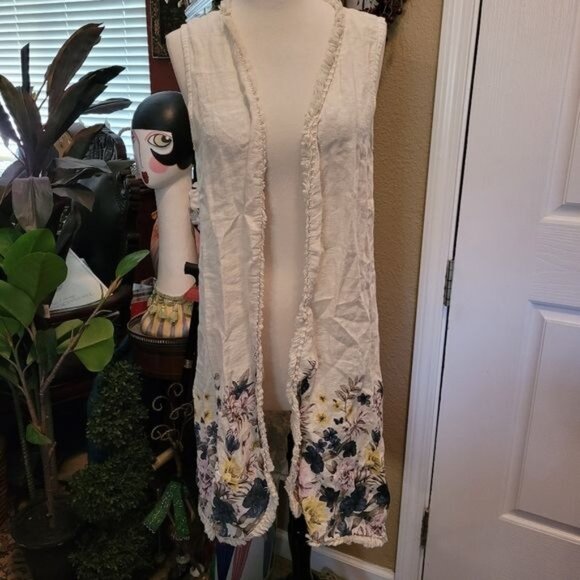 Francesca Bettini Duster Top 100% Linen Crew Floral Flowers Small Medium - Picture 2 of 7